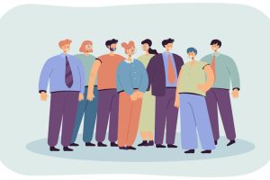 Group of office employees standing together flat vector illustration. Cartoon happy professional workers portrait in suit. Business team, career and startup concept